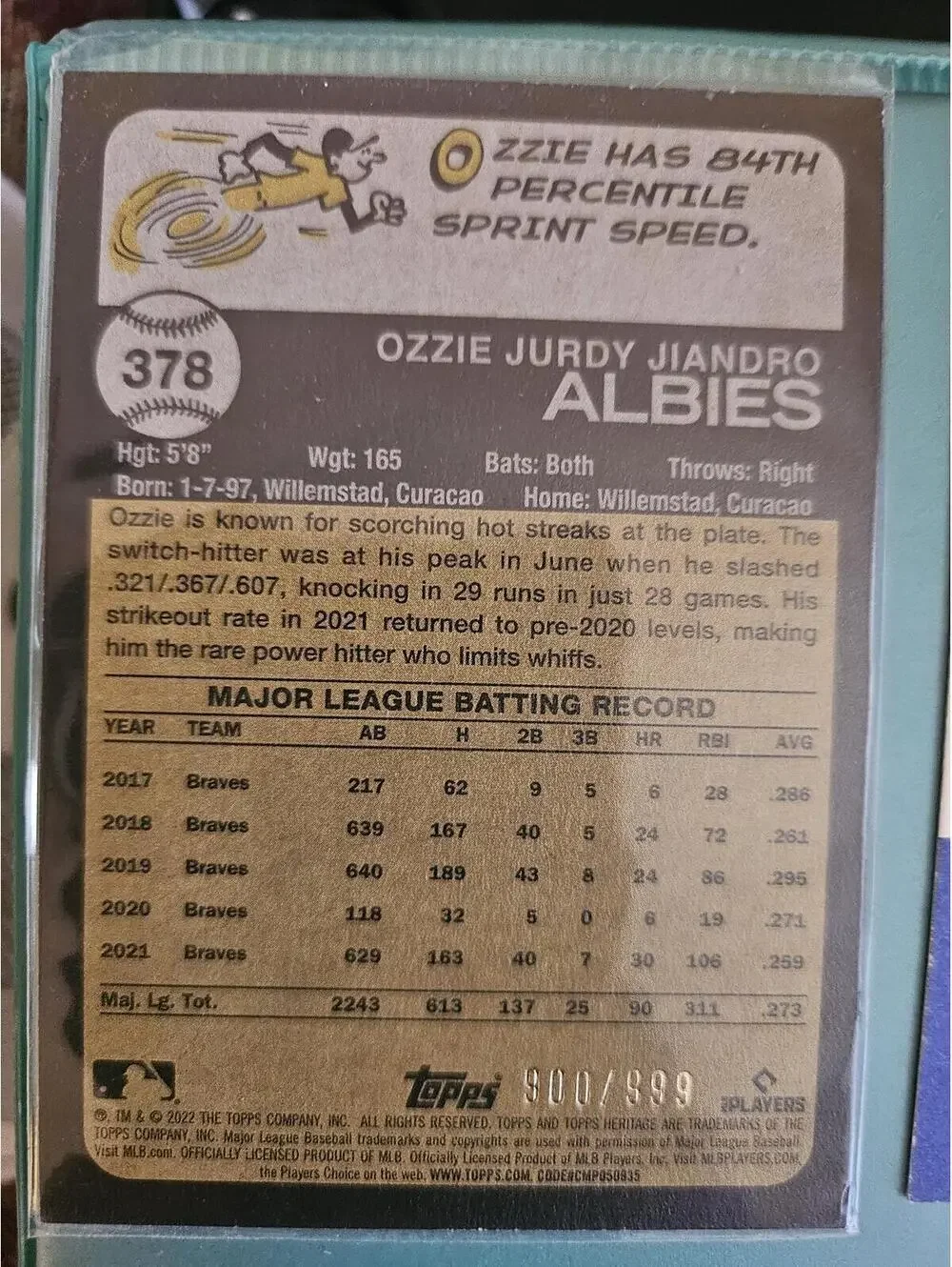 2022 Topps Heritage - #378 Ozzie Albies - No. 900 /999 - Atlanta Braves